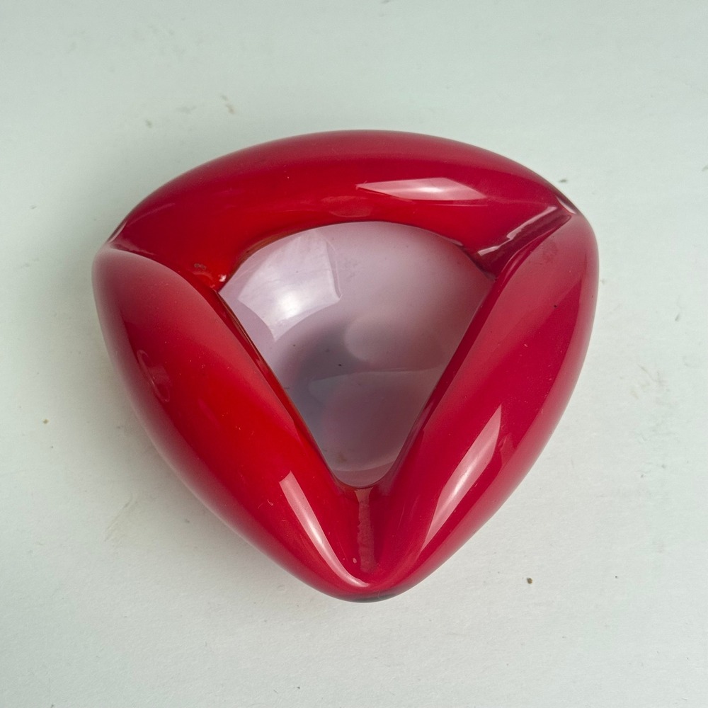 Vintage Red Art Glass Ashtray Triangular Hand Blown Mid Century Modern Catchall